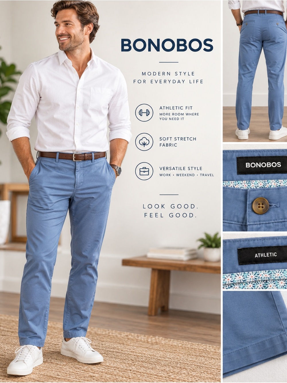 Bonobos Athletic Fit Chino Pants Mens 35x32 Blue Stretch Cotton Casual